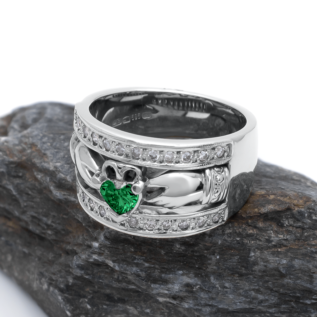 Ladies Wide-Band Claddagh Ring With Precious Gemstones – view 20
