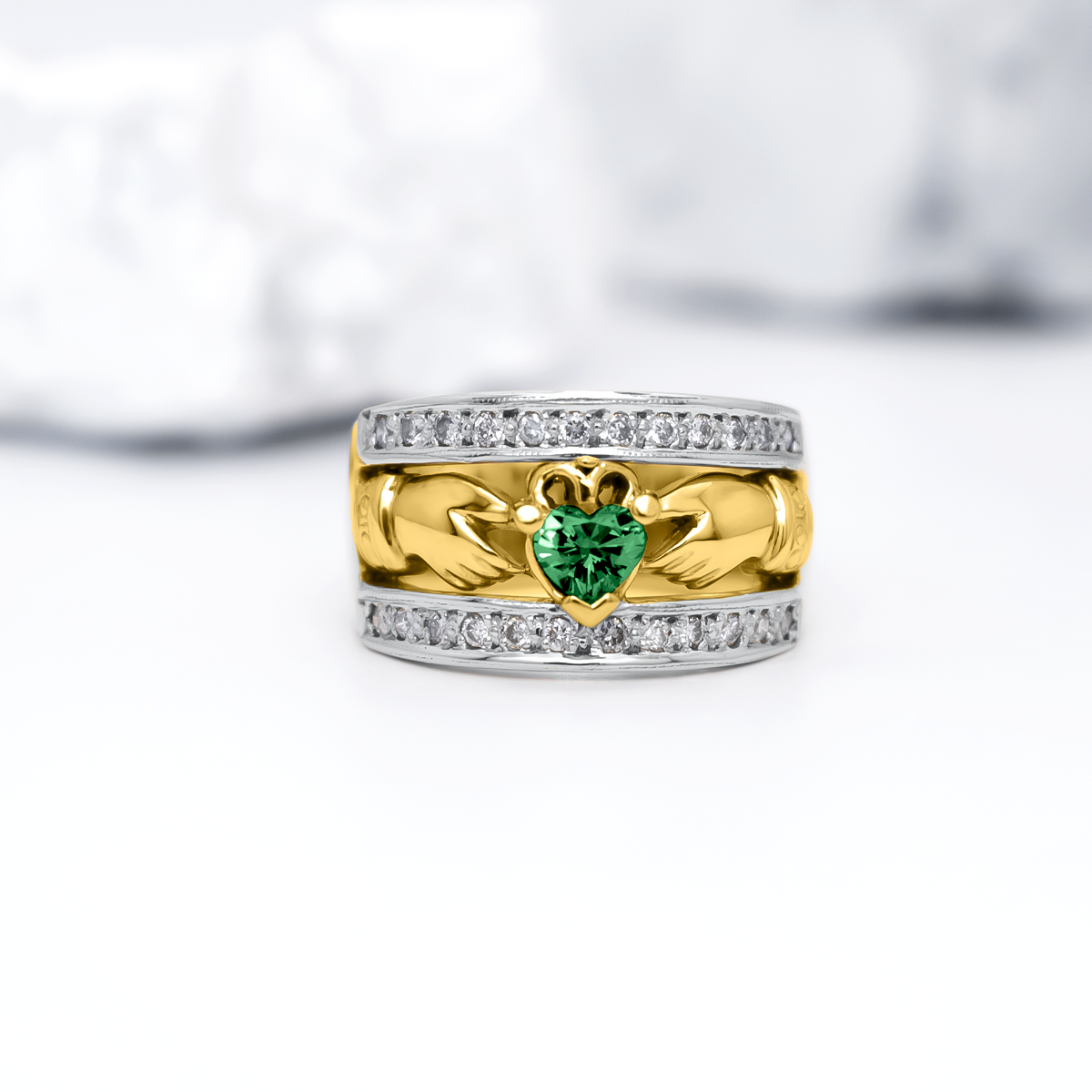 Ladies Wide-Band Claddagh Ring With Precious Gemstones – view 8