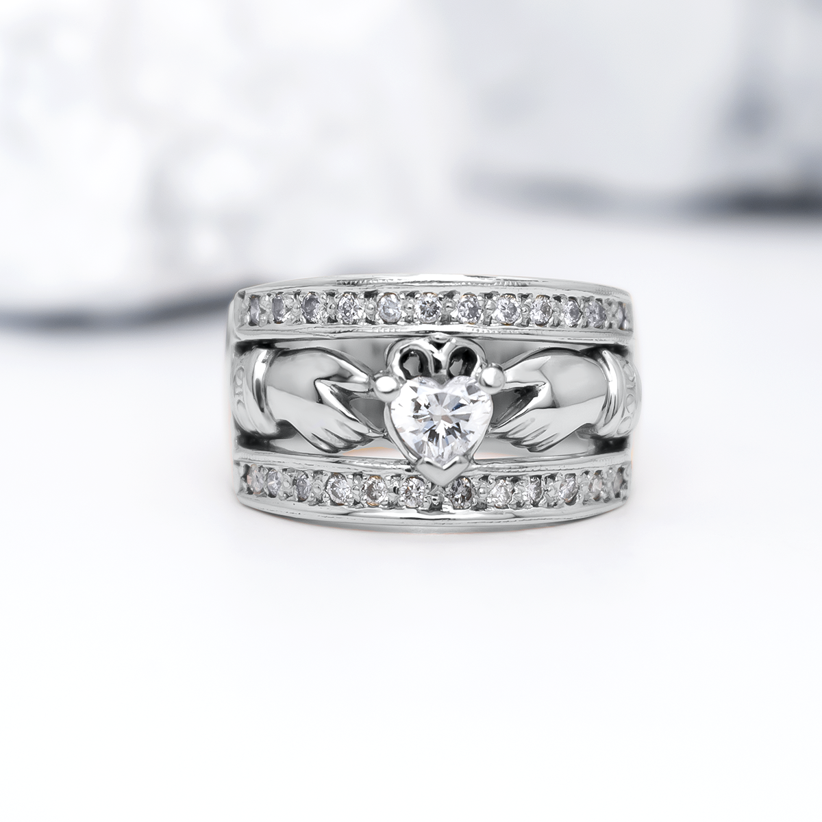 Ladies Wide-Band Claddagh Ring With Precious Gemstones – view 2