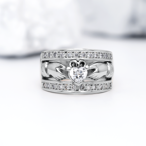 Ladies Wide-Band Claddagh Ring With Precious Gemstones