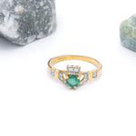 Gold Emerald and Diamond Irish Claddagh Engagement Ring Set