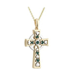 Two Tone Gold Celtic Cross Pendant with Emeralds