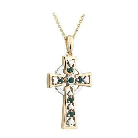 Two Tone Gold Celtic Cross Pendant with Emeralds