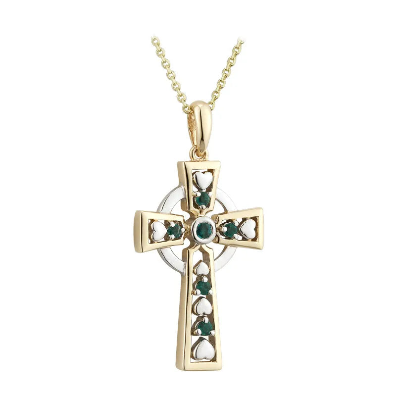 Two Tone Gold Celtic Cross Pendant with Emeralds