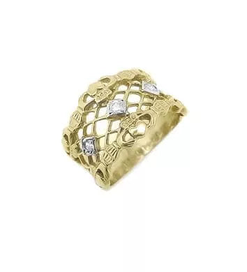 Triple Diamond Wide-Band Claddagh Ring