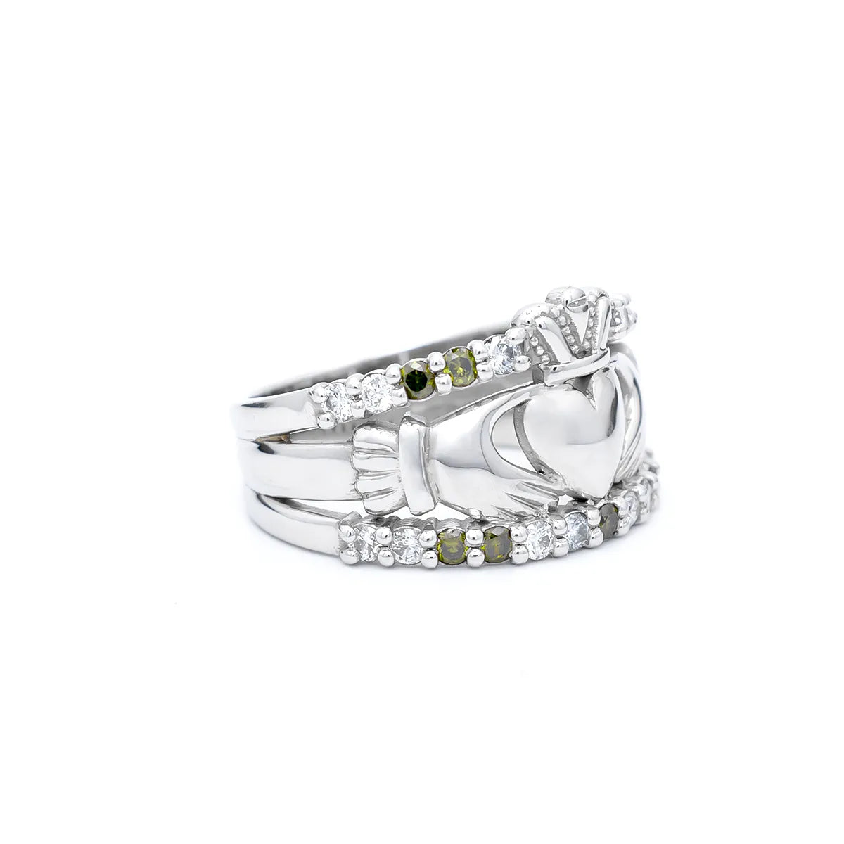 Claddagh Ring With White And Green Diamonds – view 4