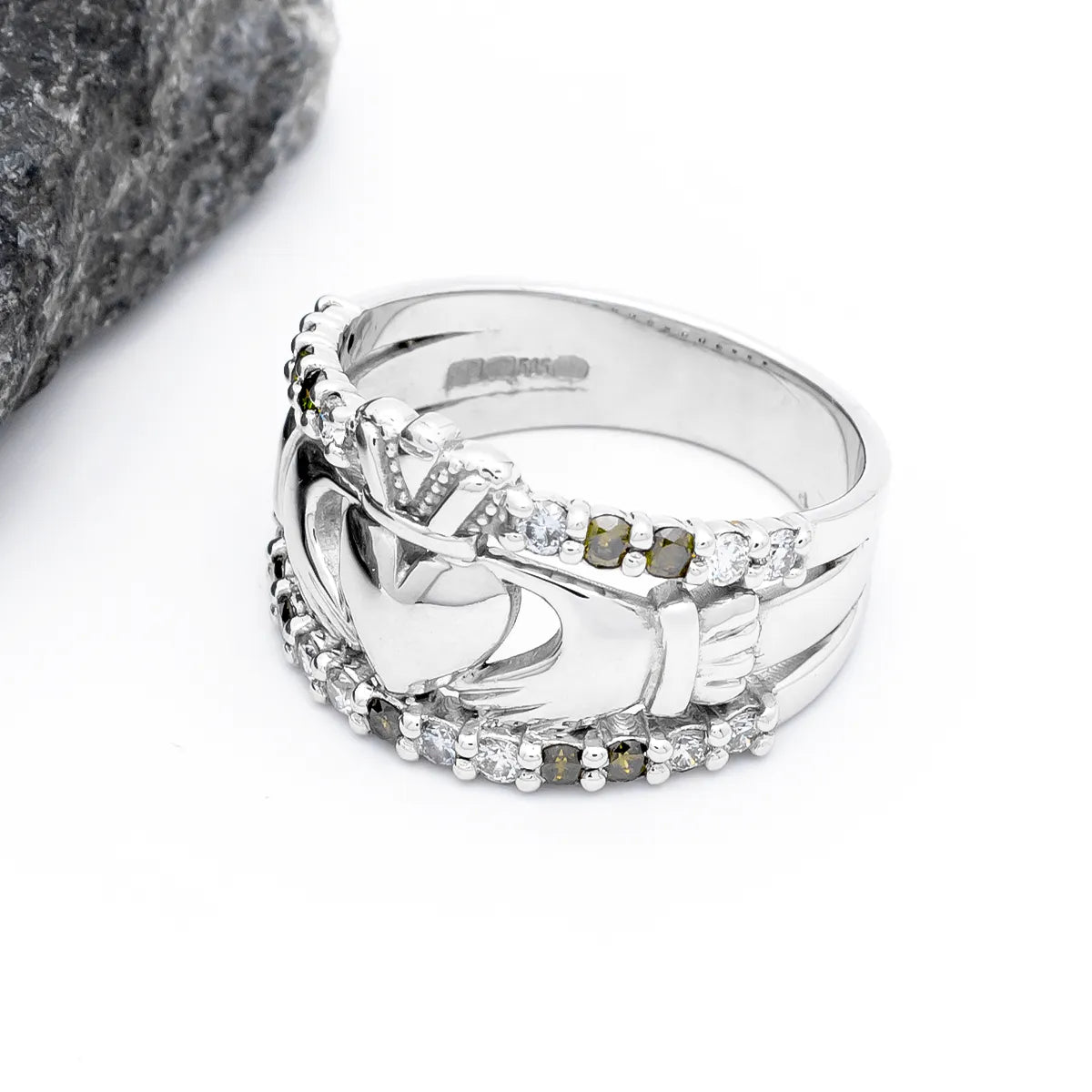 Claddagh Ring With White And Green Diamonds – view 3