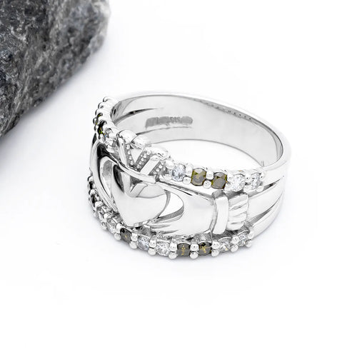 Claddagh Ring With White And Green Diamonds