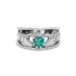 Emerald and Diamond Wide-Band Claddagh Ring