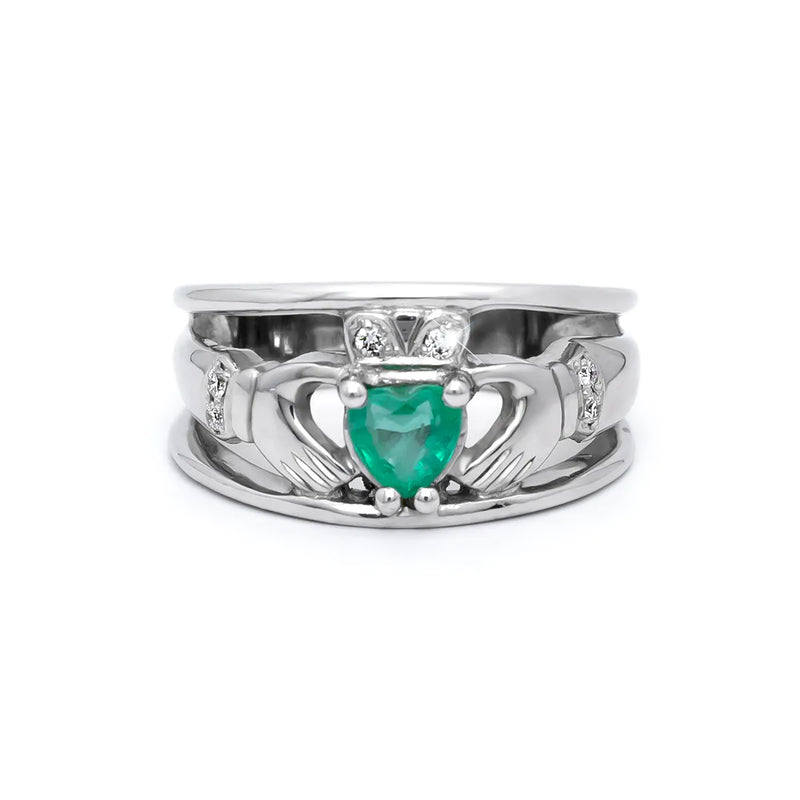 Emerald and Diamond Wide-Band Claddagh Ring