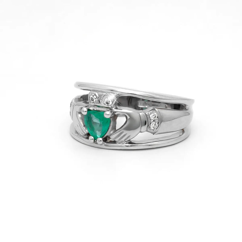 Emerald and Diamond Wide-Band Claddagh Ring
