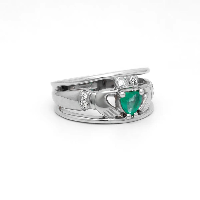 Emerald and Diamond Wide-Band Claddagh Ring