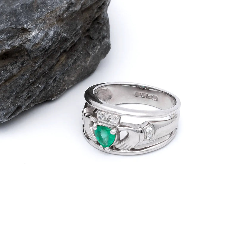 Emerald and Diamond Wide-Band Claddagh Ring