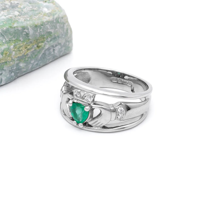 Emerald and Diamond Wide-Band Claddagh Ring