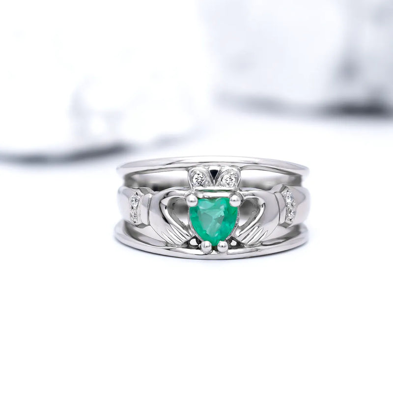 Emerald and Diamond Wide-Band Claddagh Ring