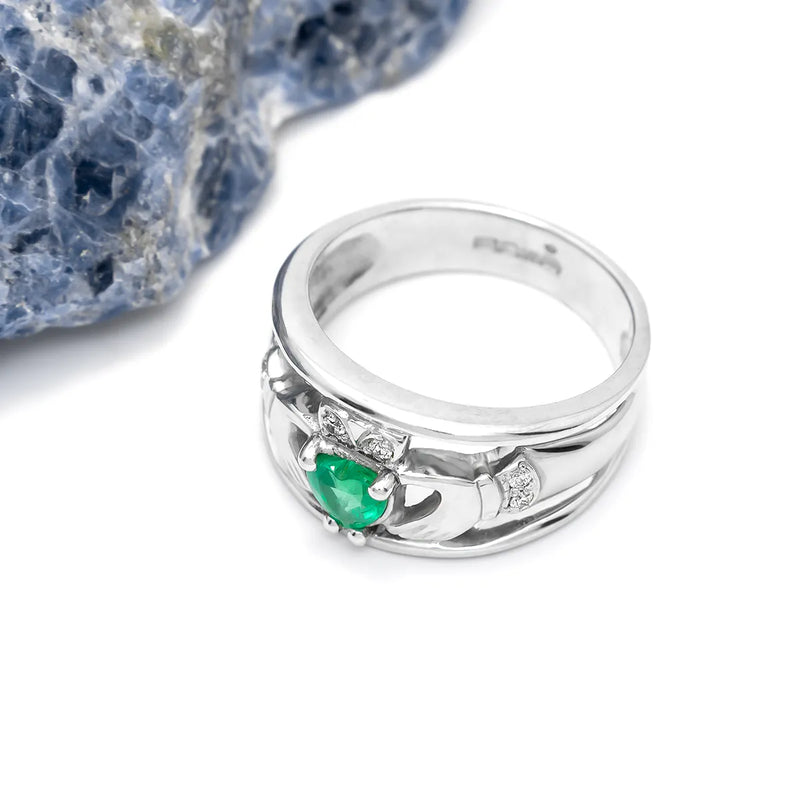 Emerald and Diamond Wide-Band Claddagh Ring