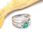 Emerald and Diamond Wide-Band Claddagh Ring