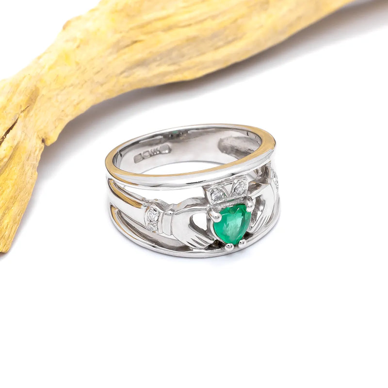 Emerald and Diamond Wide-Band Claddagh Ring