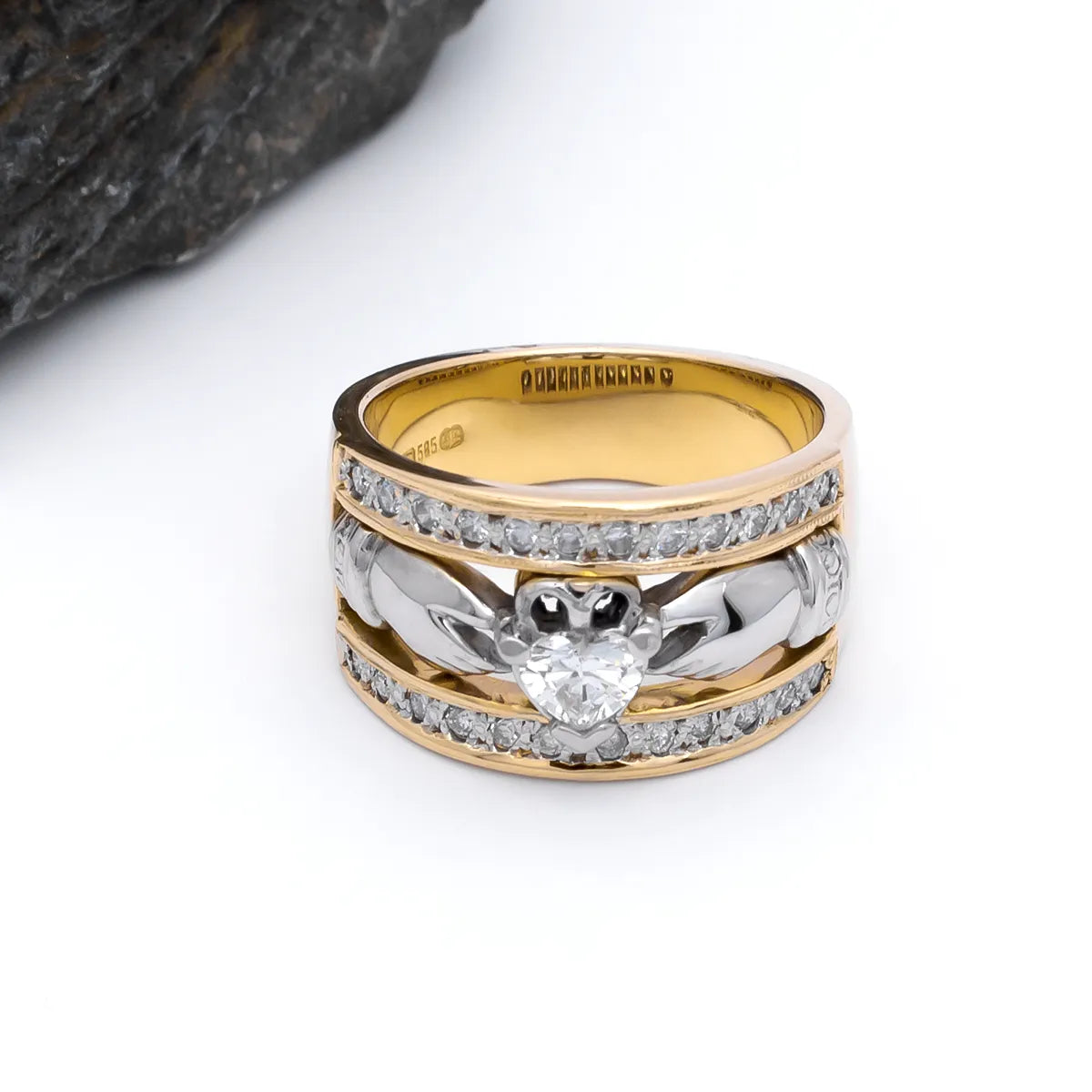 Ladies Wide-Band Claddagh Ring With Precious Gemstones – view 5