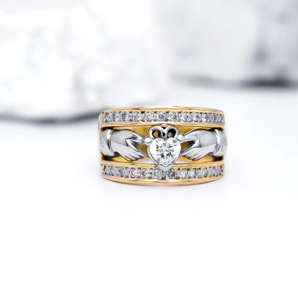 Ladies Wide-Band Claddagh Ring With Precious Gemstones