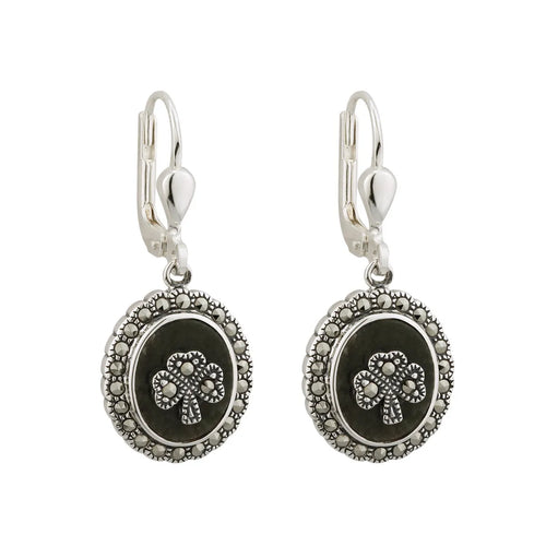 Marcasite & Connemara Marble Oval Shamrock Earrings