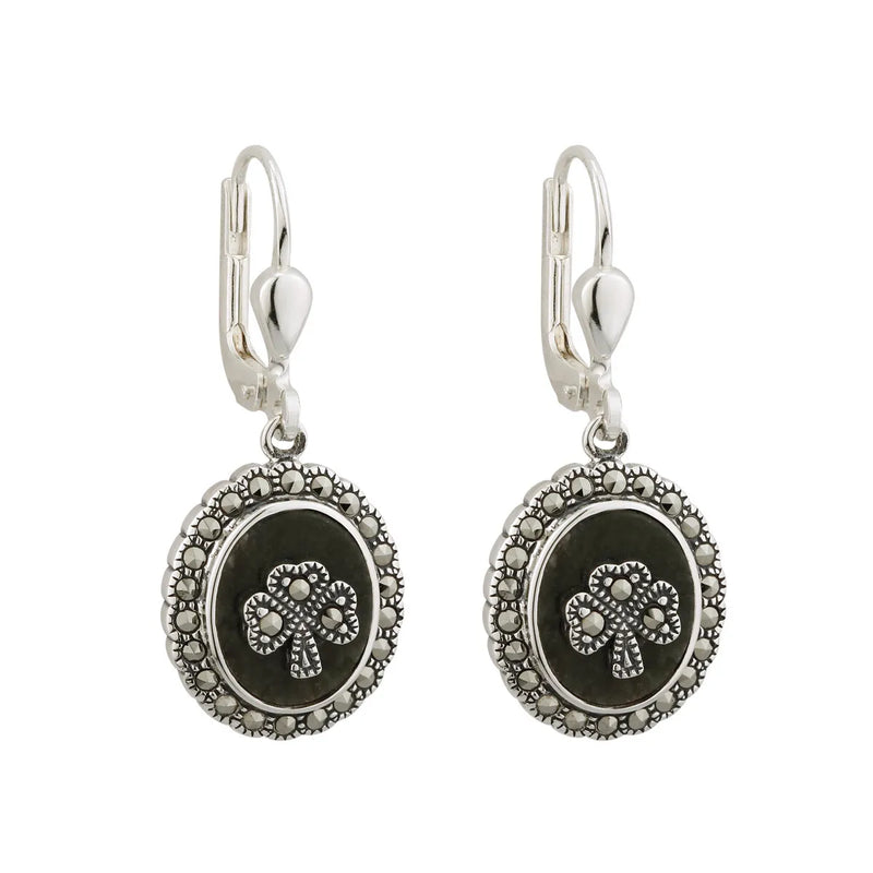 Marcasite & Connemara Marble Oval Shamrock Earrings