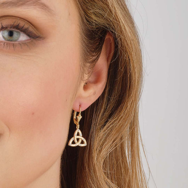 Gold Trinity Knot Drop Earrings With Diamonds