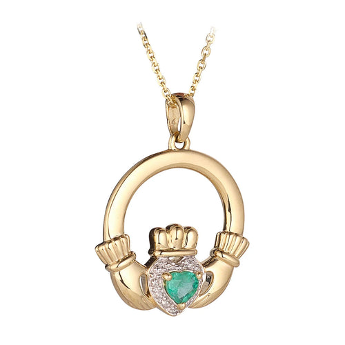 Gold Claddagh Necklace With Precious Gemstone Heart & Diamonds