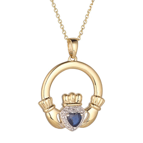 Gold Claddagh Necklace With Precious Gemstone Heart & Diamonds