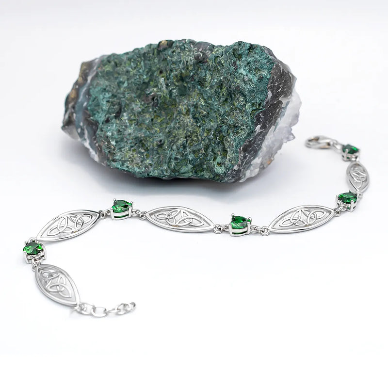 Sterling Silver Trinity Knot Bracelet With Green Crystals