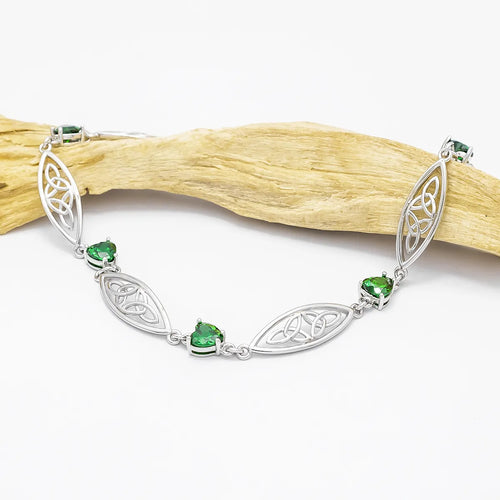 Sterling Silver Trinity Knot Bracelet With Green Crystals