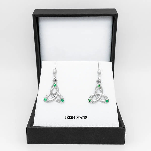 Sterling Silver Trinity Knot Earrings with Emeralds and Diamonds