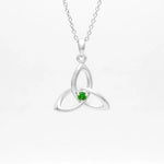 Silver Trinity Knot Necklace with Green Cubic Zirconia Crystal