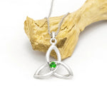 Silver Trinity Knot Necklace with Green Cubic Zirconia Crystal