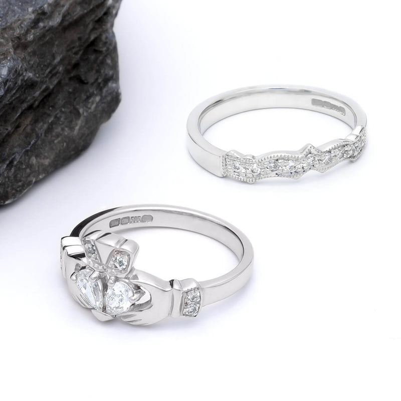 Claddagh Engagement & Wedding Ring Set Adorned With Precious Gemstones