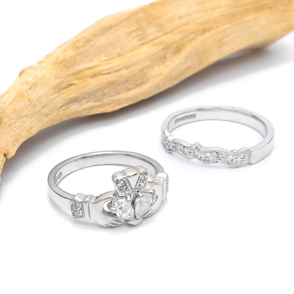 Claddagh Engagement & Wedding Ring Set Adorned With Precious Gemstones