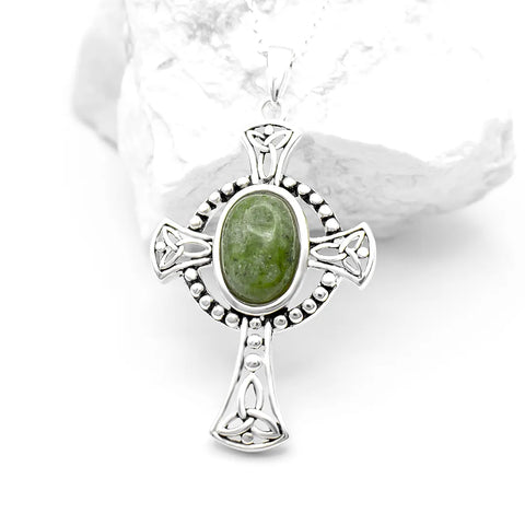Oval Connemara Marble Sterling Silver Celtic Cross Pendant