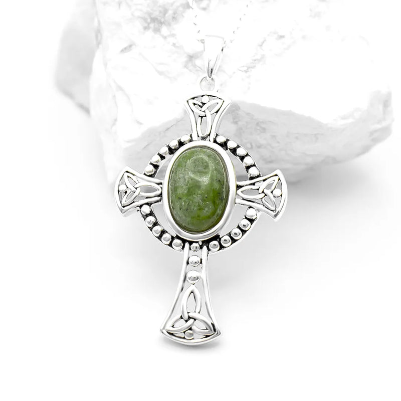 Oval Connemara Marble Sterling Silver Celtic Cross Pendant
