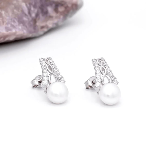 Sterling Silver Celtic Pearl Stud Earrings