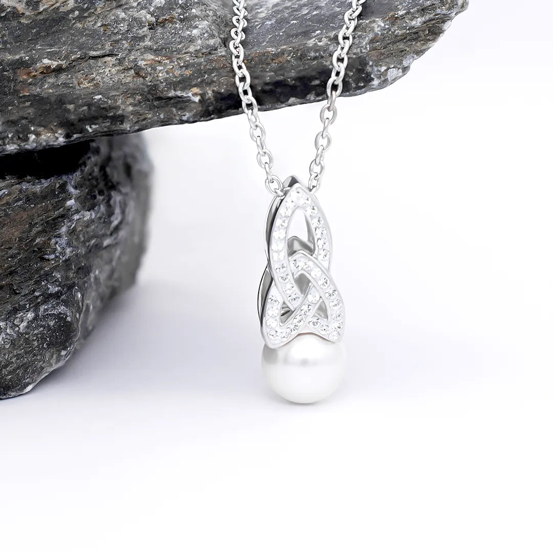 Sterling Silver Trinity Knot Pearl Pendant with Crystals – view 3