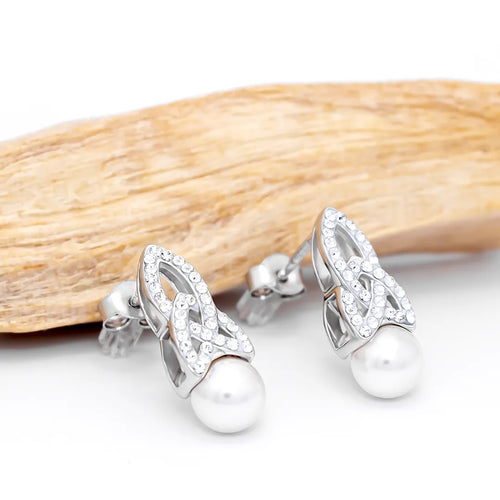 Sterling Silver Trinity Knot Pearl Earrings with Crystals