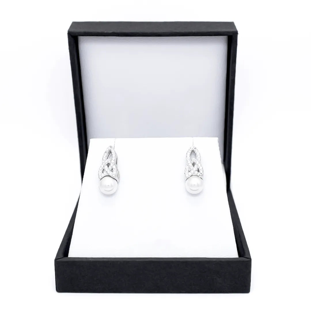 Sterling Silver Trinity Knot Pearl Earrings with Crystals – view 4