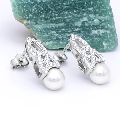 Sterling Silver Trinity Knot Pearl Earrings with Crystals