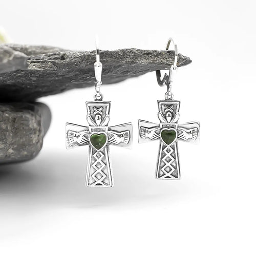 Connemara Marble Silver Claddagh Cross Earrings