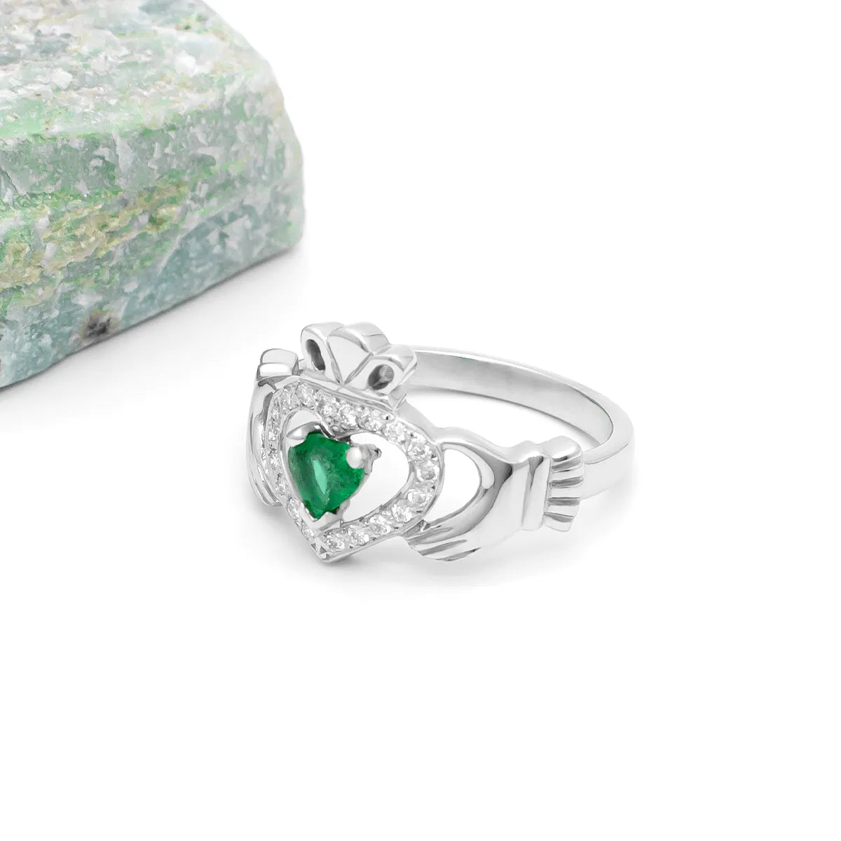 Heartshape Emerald and Diamond Irish Claddagh Ring – view 5