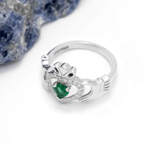 Heartshape Emerald and Diamond Irish Claddagh Ring