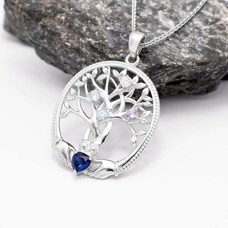 Birthstone Family Claddagh Tree of Life Necklace