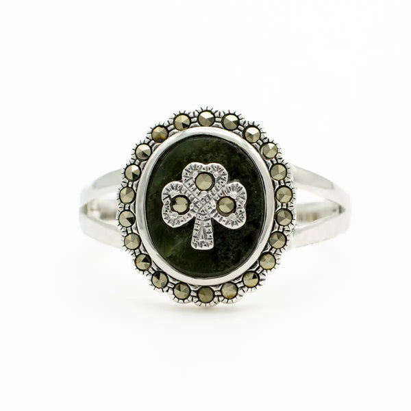 Connemara Marble & Marcasite Shamrock Ring in Sterling Silver