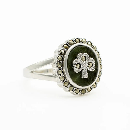 Connemara Marble & Marcasite Shamrock Ring in Sterling Silver
