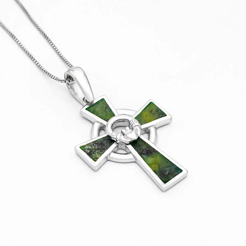 Connemara Marble Claddagh Cross Pendant in Sterling Silver